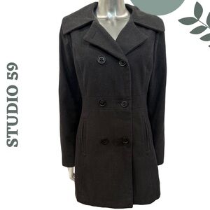 Studio 59 Black Wool-Blend Double-Breasted Coat – Medium